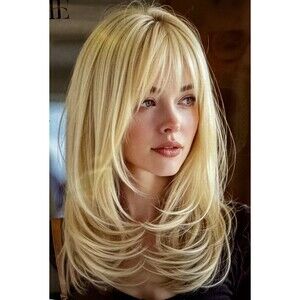 Golden Blonde Highlight 14” layered Wig With Bangs Full Cap Wig
